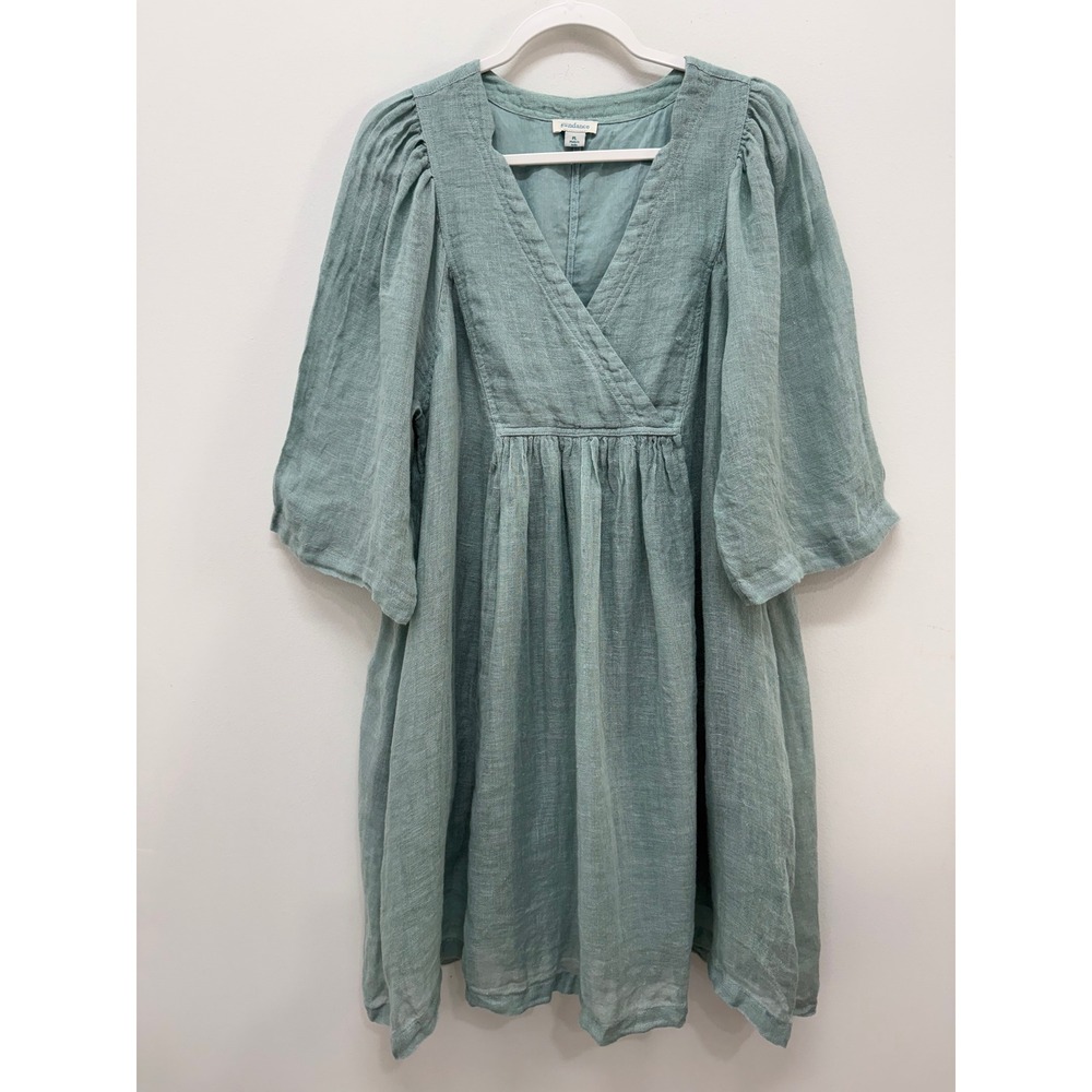 Sundance Linen Tunic Dress PL Sage Green V-Neck Puff Sleeve Pocketed Mini